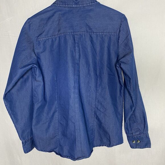 COMPANY ONE Shirt Embroidered V-Neck Long Sleeve Roll Tab Denim Womens S Blue - Picture 2 of 10